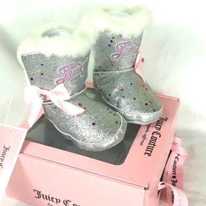 Juicy Couture Baby Cerritos Boots Size 2 M Silver Sparkle Pink Bows New